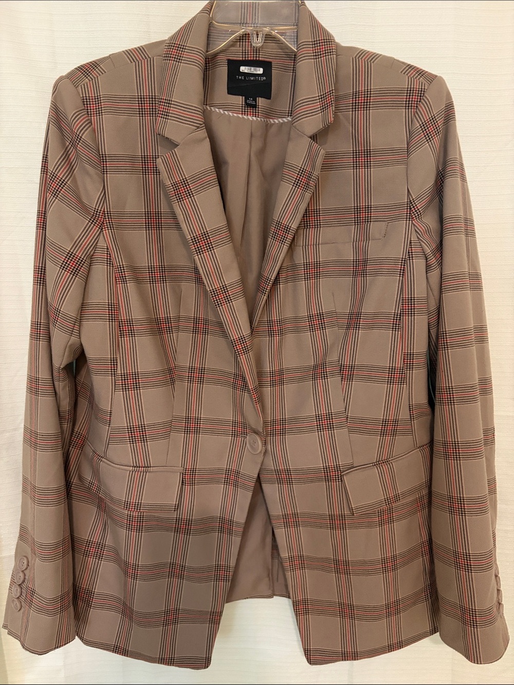 The Limited Plaid Blazer in Taupe with Red Accent